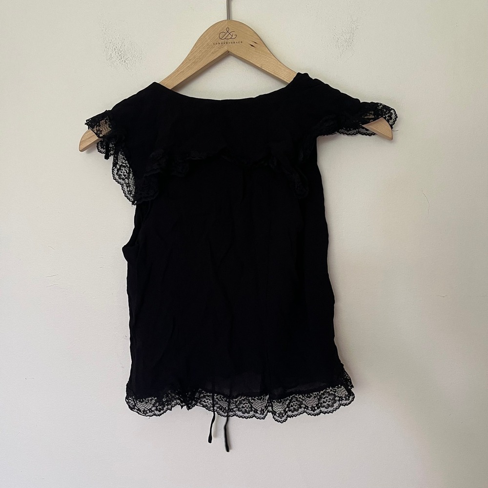 Reformation Black Lace Trim Tie Front Cropped Ruffle Blouse Top Mens Size 2 - Picture 10 of 12